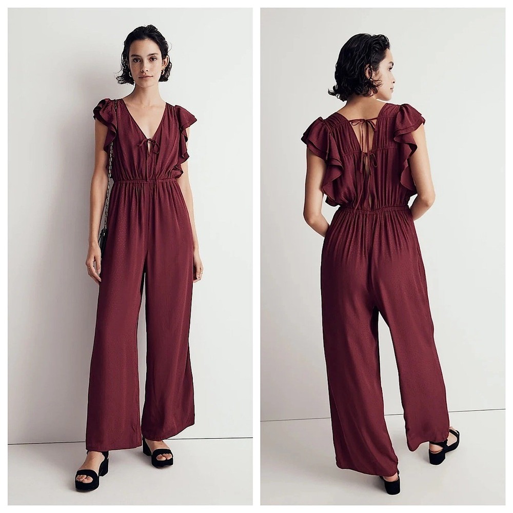 Madewell Ruffle Wide Leg Jumpsuit Womens Sz S Burgundy Clip Dot V-Neck Open Bac